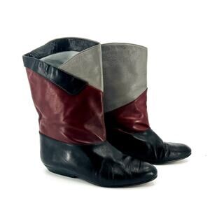 Vintage 80s Colorblock Burgundy Gray Black Leather Mid-Calf Boots